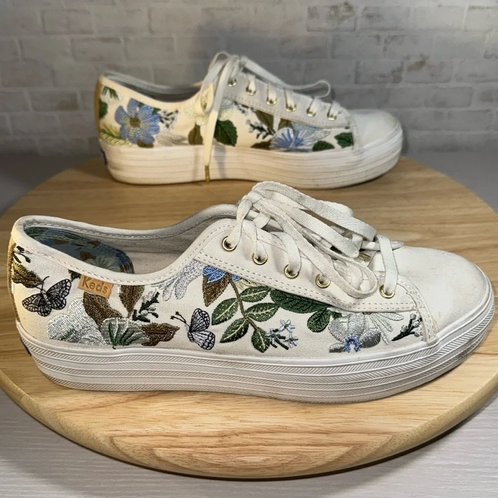 Rifle Paper Keds Triple Kick Blue Fields Embroidered Floral Casual Sneaker Shoes